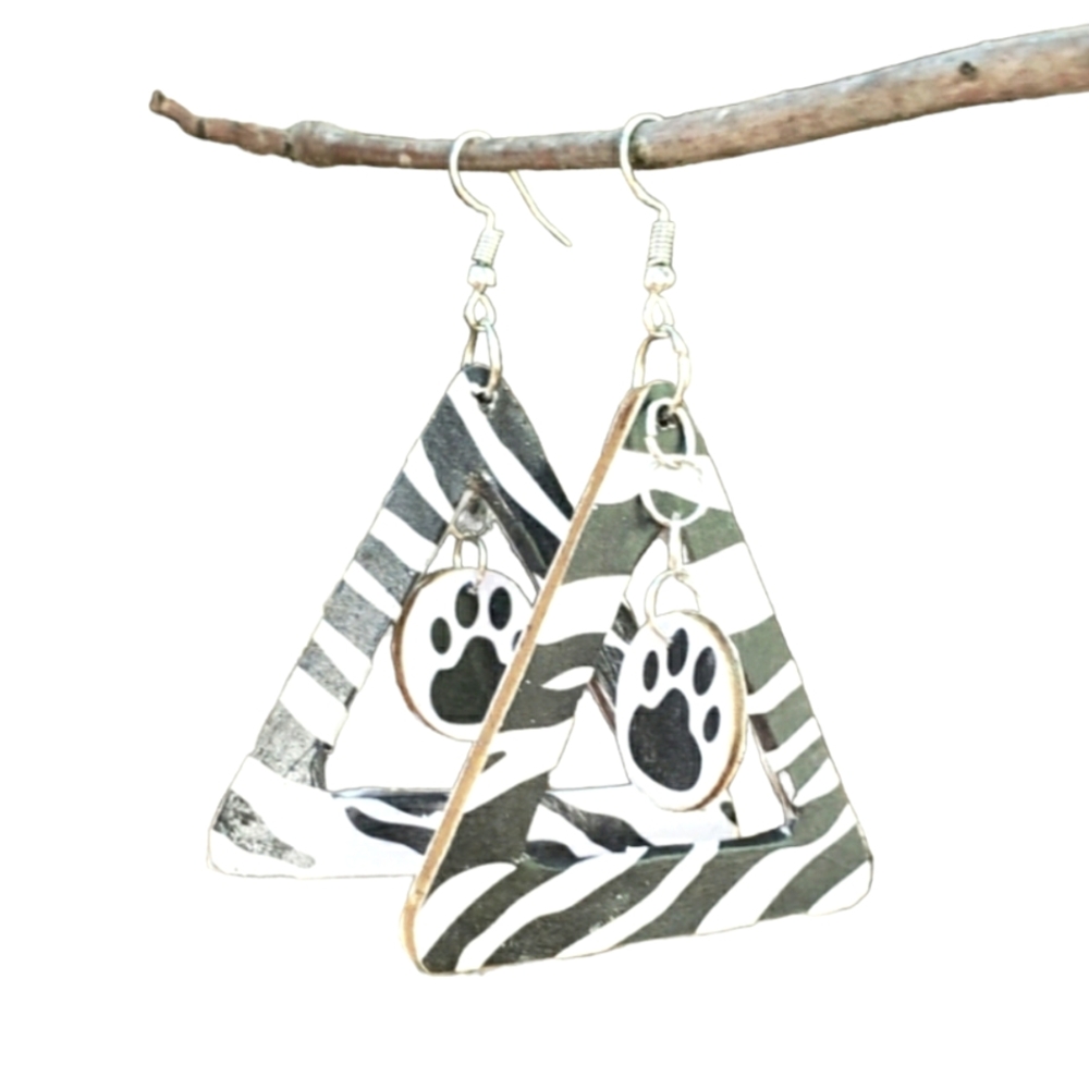 Zebra and bear paw print triangle earrings